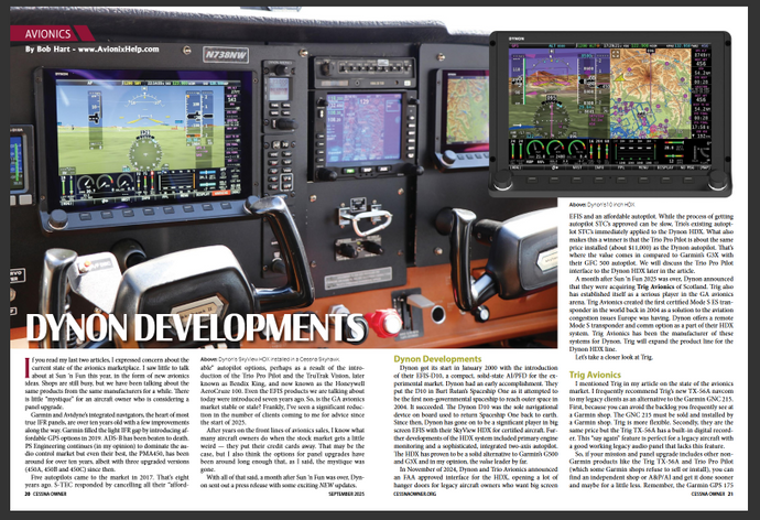 Cessna Owner Magazine Mentions Dynon/Trio Integration