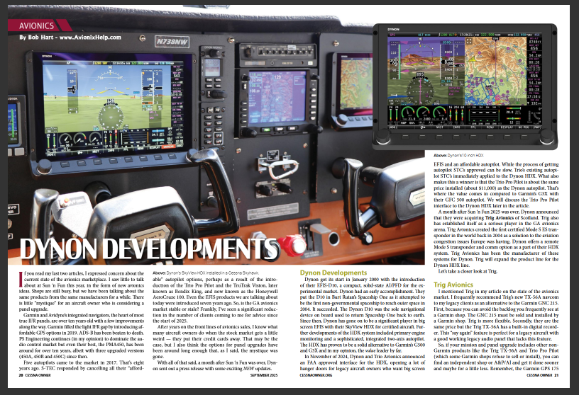 Cessna Owner Magazine Mentions Dynon/Trio Integration